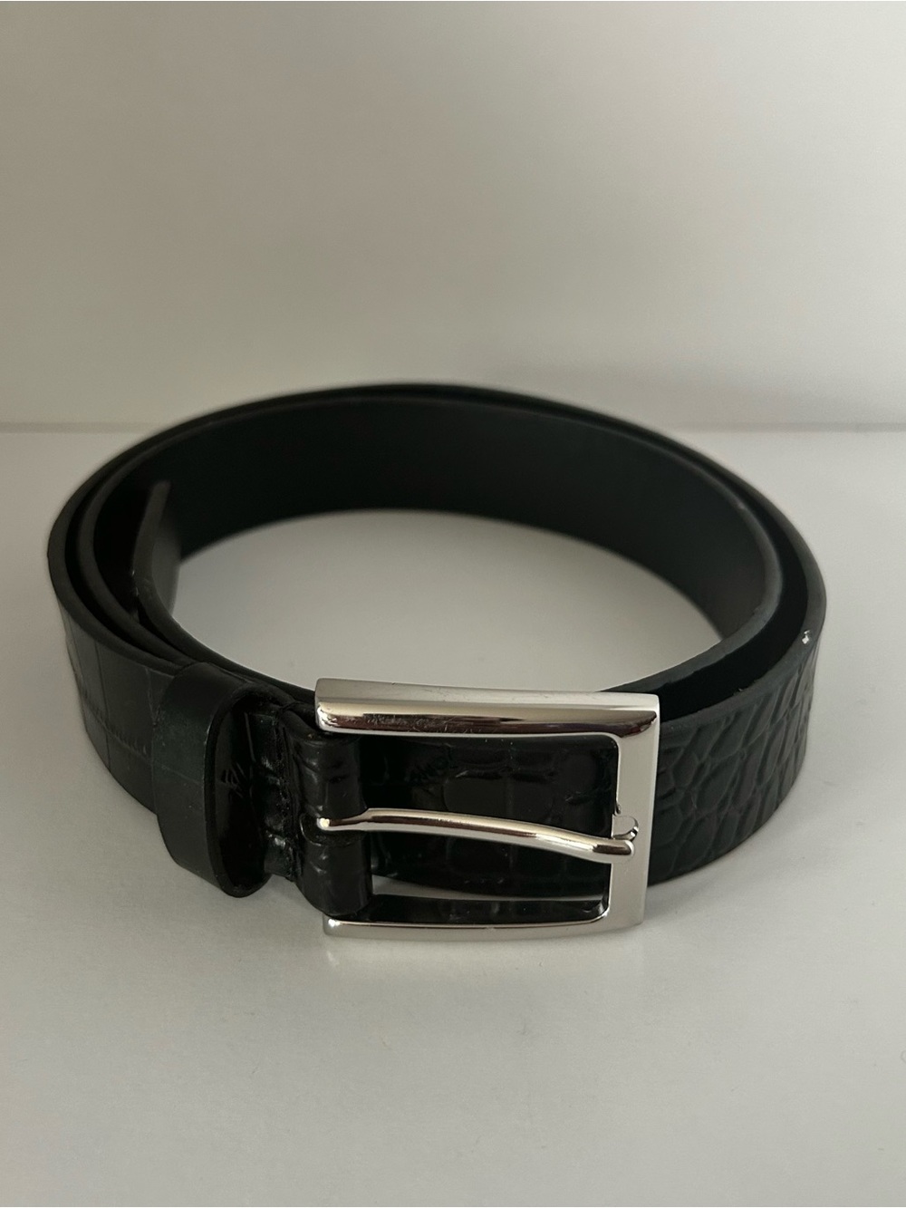 Brooks Brothers Black Leather Belt with Gold Foil Logo